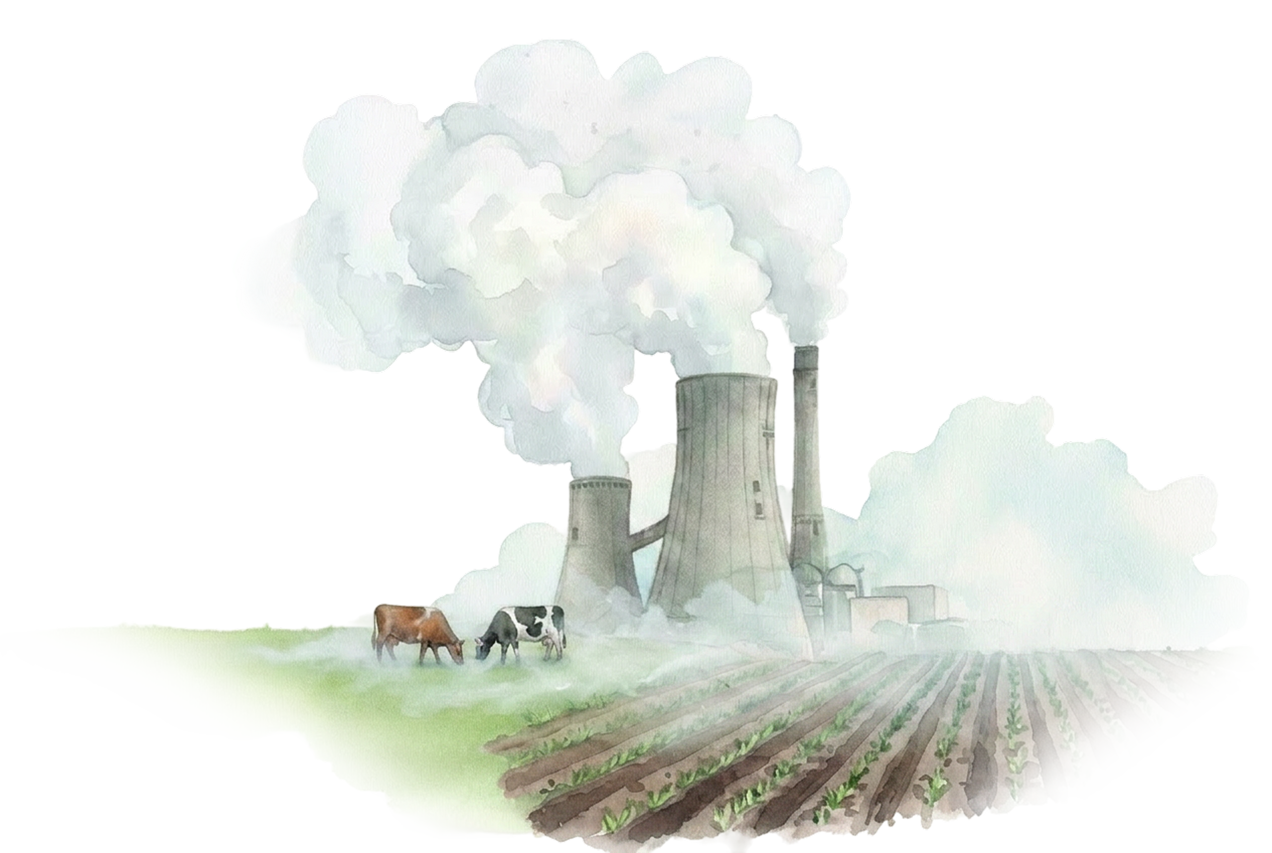 Watercolor illustration of agricultural and fertilizer-related emissions